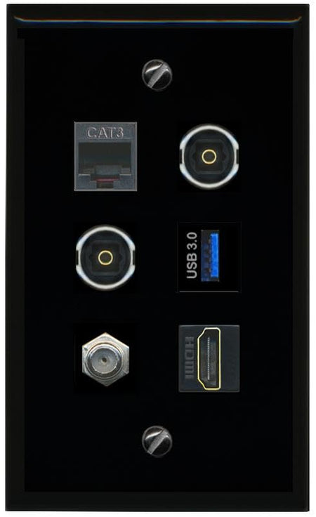RiteAV Coax HDMI Phone 2 TOSLINK USB 3 Flat/Solid Wall Plate [Black]