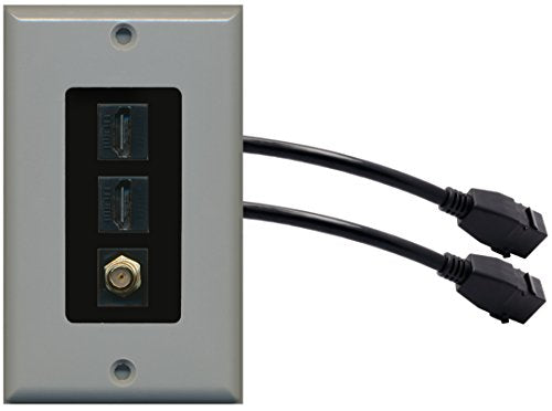 RiteAV (1 Gang Decorative 2 HDMI Black Coax Wall Plate w/Pigtail Extension Cable Gray (Black Insert)