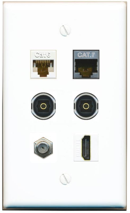 RiteAV CAT6 CAT7 Coax HDMI 2 TOSLINK Flat/Solid Wall Plate [White]
