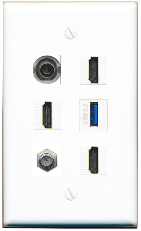 RiteAV 3.5mm Coax 3 HDMI USB-3 Flat/Solid Wall Plate [White]