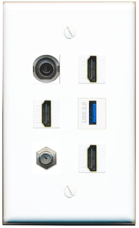 RiteAV 3.5mm Coax 3 HDMI USB-3 Flat/Solid Wall Plate [White]