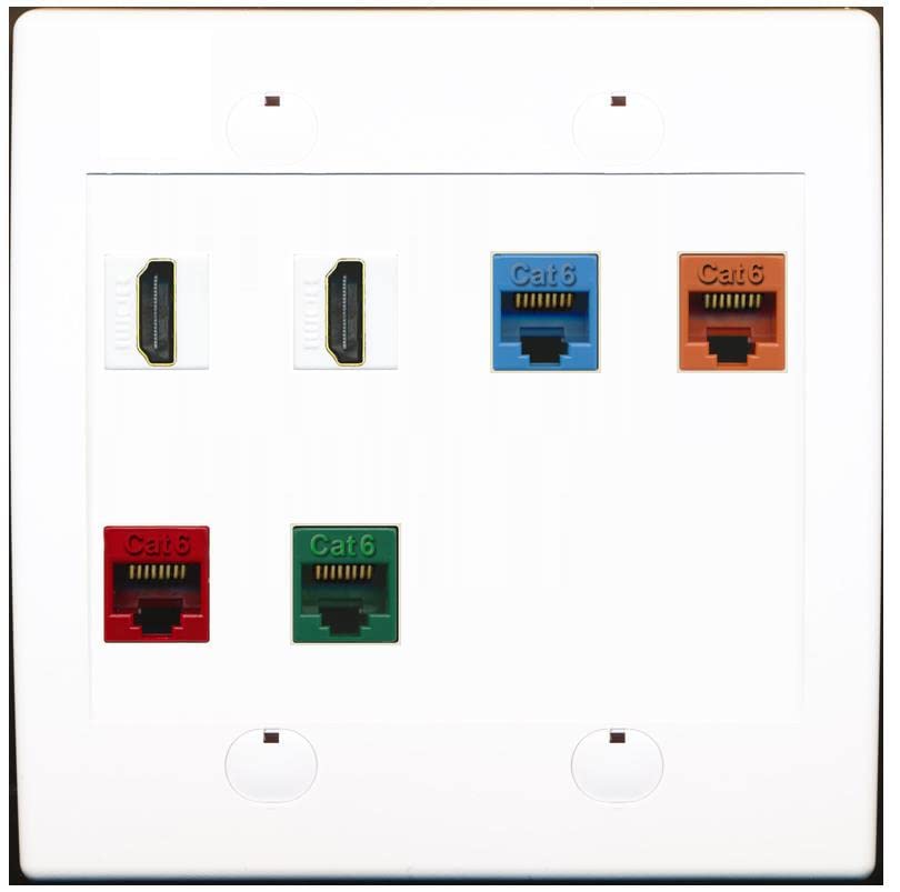 RiteAV 2 HDMI 4 Cat6 Ethernet Mixed Color Wall Plate - Flat 2 Gang [White/White]