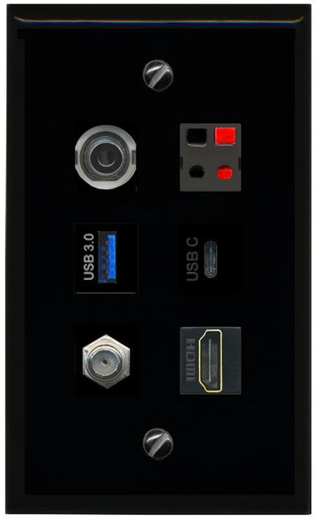 RiteAV 3.5mm COAX HDMI SPEAKER USB 3 USBC Flat/Solid Wall Plate [Black]