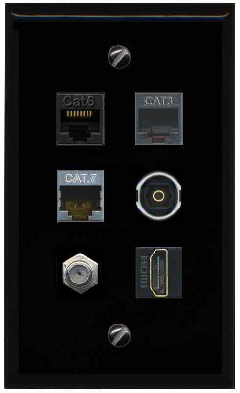 RiteAV CAT6 CAT7 Coax HDMI Phone TOSLINK Flat/Solid Wall Plate [Black]