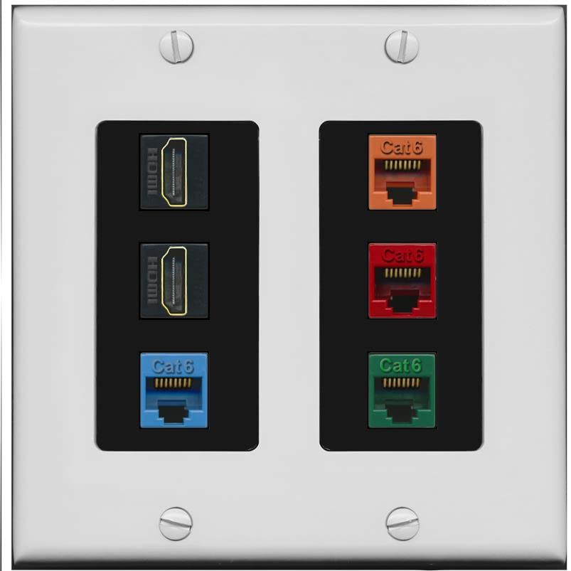 RiteAV 2 HDMI 4 Cat6 Ethernet Mixed Color Wall Plate - 2 Gang [Gray/Black]