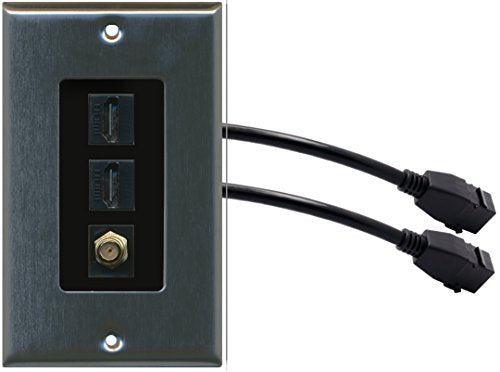 RiteAV (1 Gang Decorative 2 HDMI Black Coax Wall Plate w/Pigtail Extension Cable Stainless (Black Insert)
