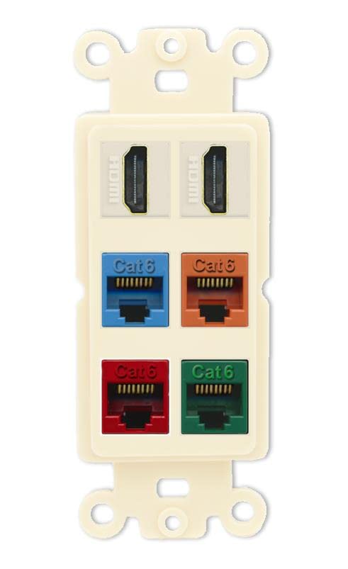 RiteAV 2 HDMI 4 Cat6 Ethernet Mixed Color Wall Plate - Rocker [Light-Almond]