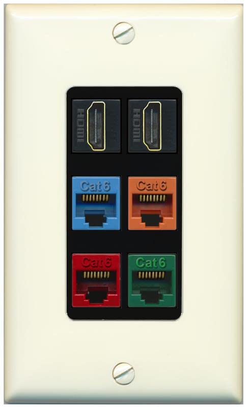 RiteAV 2 HDMI 4 Cat6 Ethernet Mixed Color Wall Plate - 1 Gang [Light-Almond/Black]