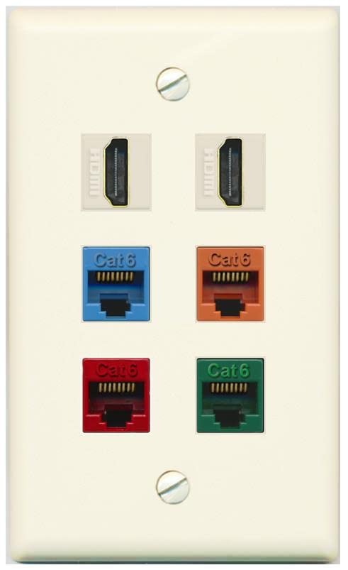 RiteAV 2 HDMI 4 Cat6 Ethernet Mixed Color Wall Plate - Flat [Light-Almond]
