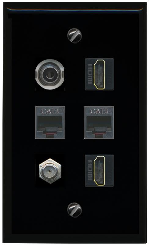 RiteAV 3.5mm Coax 2 HDMI 2 Phone Flat/Solid Wall Plate [Black]