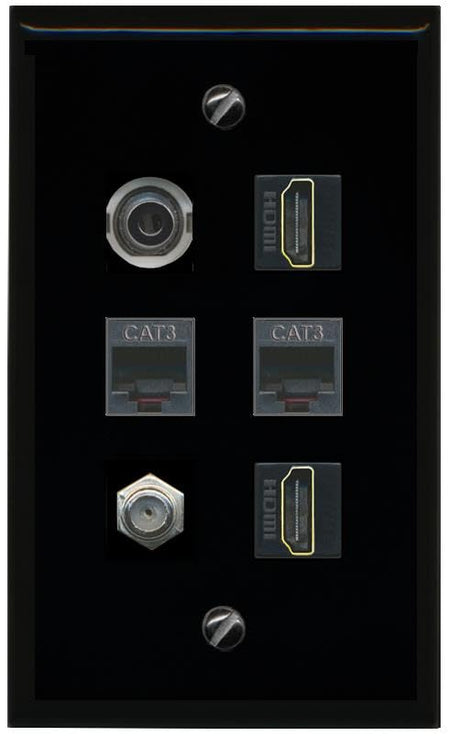 RiteAV 3.5mm Coax 2 HDMI 2 Phone Flat/Solid Wall Plate [Black]