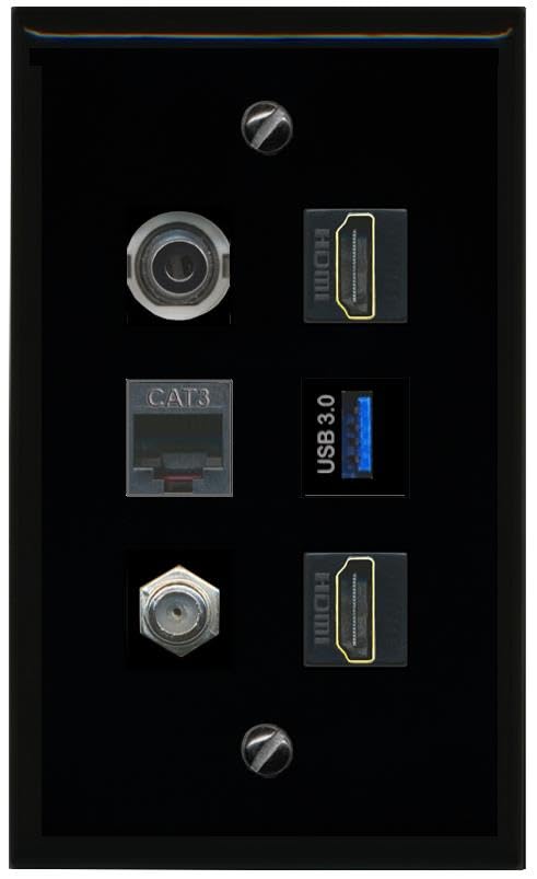RiteAV 3.5mm Coax 2 HDMI Phone USB 3 Flat/Solid Wall Plate [Black]
