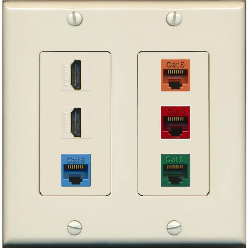 RiteAV 2 HDMI 4 Cat6 Ethernet Mixed Color Wall Plate - 2 Gang [Light-Almond]
