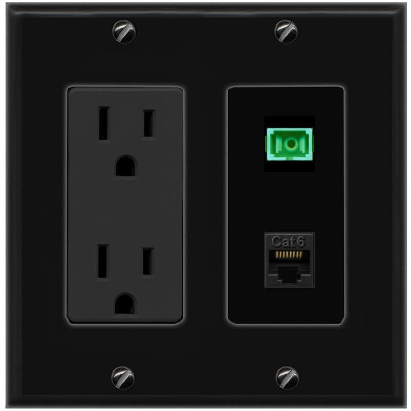 RiteAV 1 Port Fiber Optic Jack SC Simplex APC + Cat6 Wall Plate-Outlet Black/Black