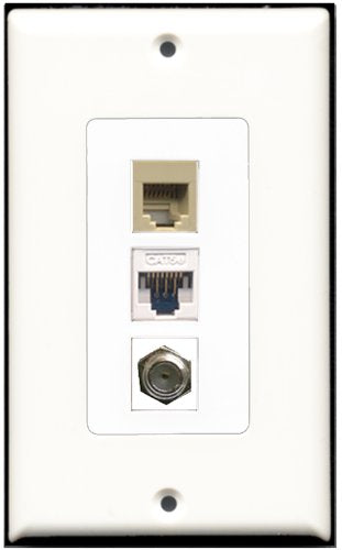 RiteAV 1 Port Coax Cable TV- F-Type 1 Phone RJ11 RJ12 Beige 1 Cat5e Ethernet White Wall Plate OVERSIZED