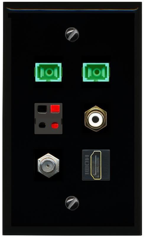 RiteAV COAX HDMI RCA WHITE 2 SC APC Simplex Fiber SPEAKER Flat/Solid Wall Plate [Black]