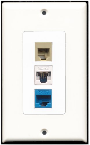 RiteAV 1 Port Phone RJ11 RJ12 Beige 1 Cat5e Ethernet White 1 Cat5e Ethernet Blue Wall Plate OVERSIZED