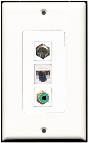 RiteAV 1 Port RCA Green 1 Coax Cable TV- F-Type 1 Cat5e Ethernet White Wall Plate OVERSIZED