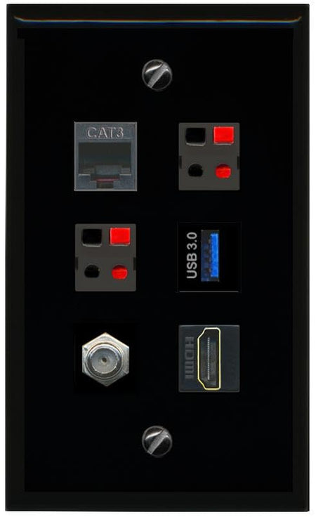 RiteAV COAX HDMI PHONE 2 SPEAKER USB 3 Flat/Solid Wall Plate [Black]