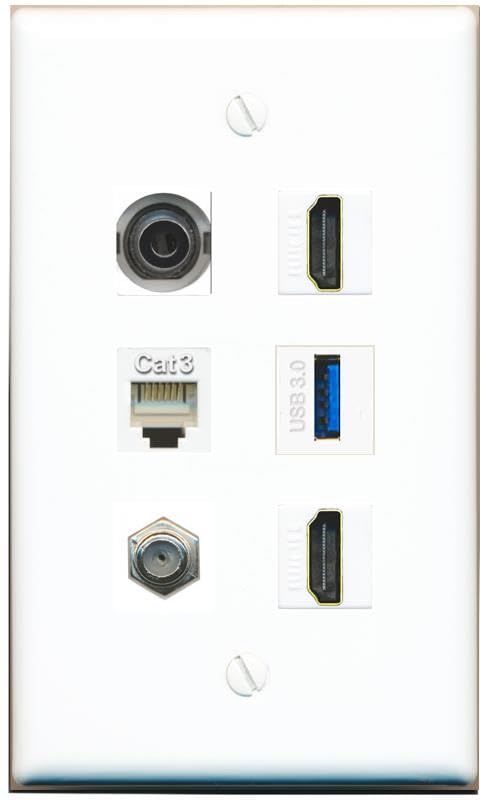 RiteAV 3.5mm Coax 2 HDMI Phone USB-3 Flat/Solid Wall Plate [White]