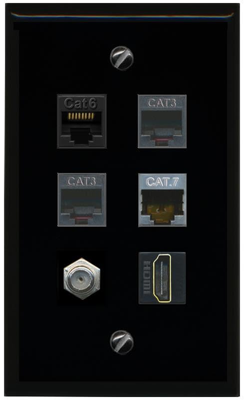 RiteAV CAT6 CAT7 Coax HDMI 2 Phone Flat/Solid Wall Plate [Black]