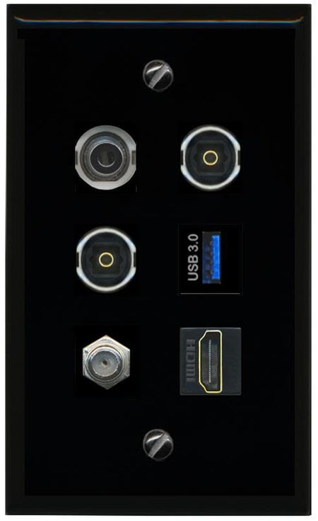 RiteAV 3.5mm Coax HDMI 2 TOSLINK USB 3 Flat/Solid Wall Plate [Black]