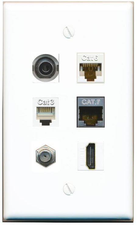 RiteAV 3.5mm CAT6 CAT7 Coax HDMI Phone Flat/Solid Wall Plate [White]
