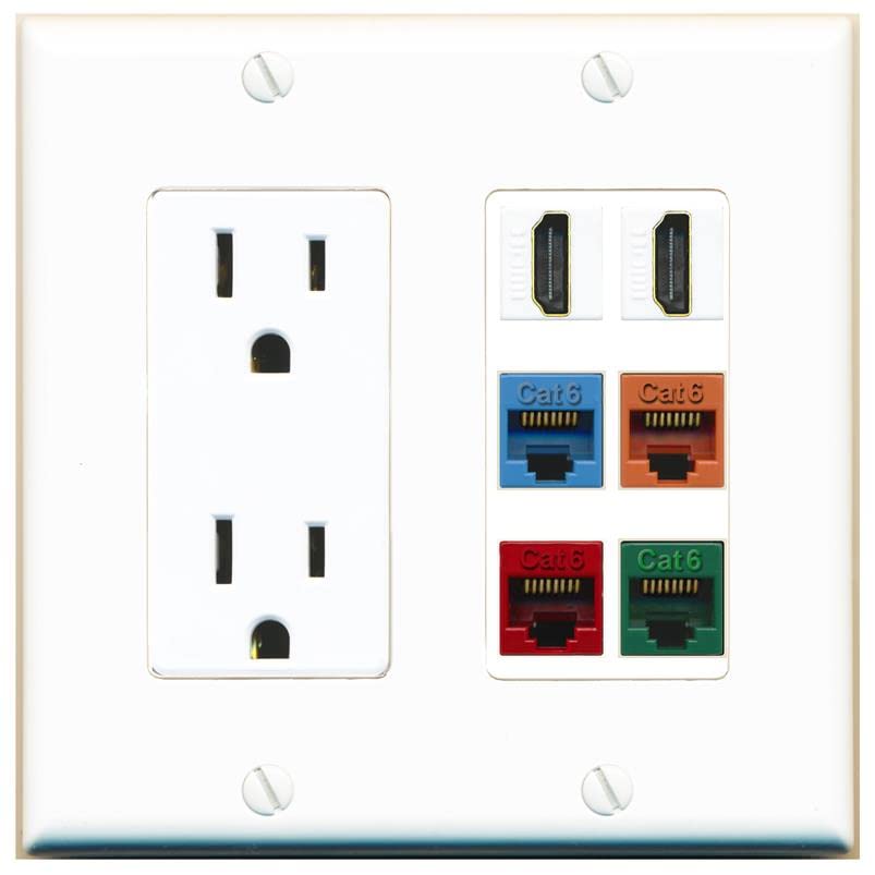 RiteAV 2 HDMI 4 Cat6 Ethernet Mixed Color Wall Plate - Outlet [White/White]