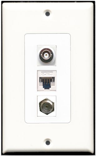 RiteAV 1 Port Coax Cable TV- F-Type 1 BNC 1 Cat5e Ethernet White Wall Plate OVERSIZED