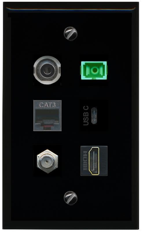 RiteAV 3.5mm Coax HDMI Phone SC APC Simplex Fiber USBC Flat/Solid Wall Plate [Black]