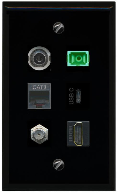 RiteAV 3.5mm Coax HDMI Phone SC APC Simplex Fiber USBC Flat/Solid Wall Plate [Black]