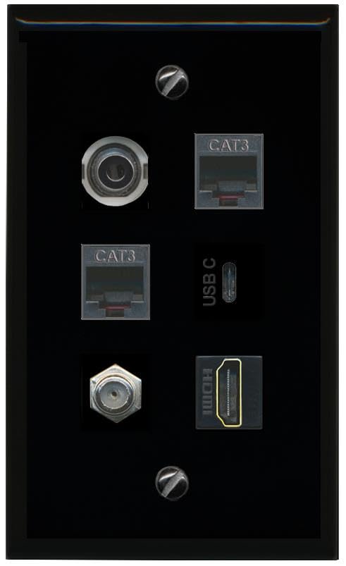 RiteAV 3.5mm Coax HDMI 2 Phone USBC Flat/Solid Wall Plate [Black]
