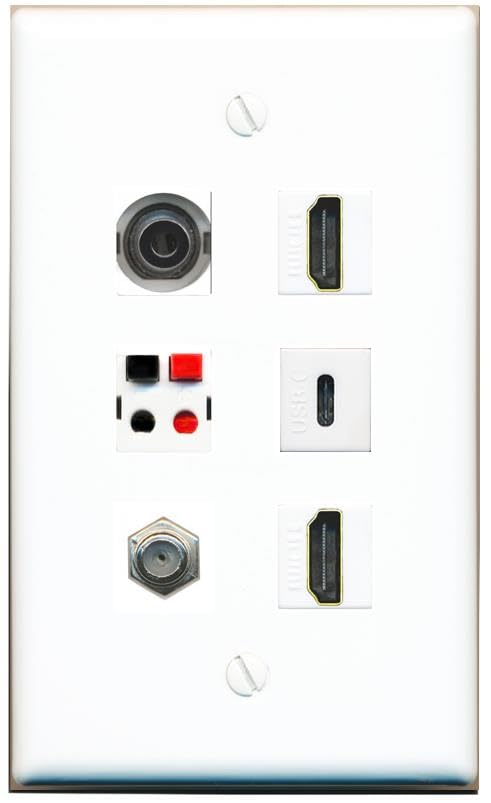 RiteAV 3.5mm Coax 2 HDMI Speaker USBC Flat/Solid Wall Plate [White]