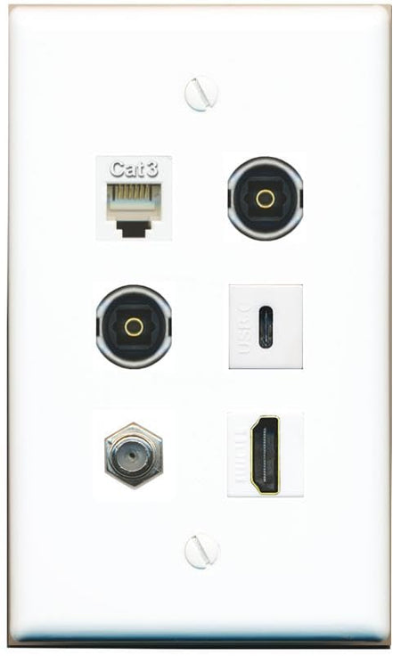 RiteAV Coax HDMI Phone 2 TOSLINK USBC Flat/Solid Wall Plate [White]