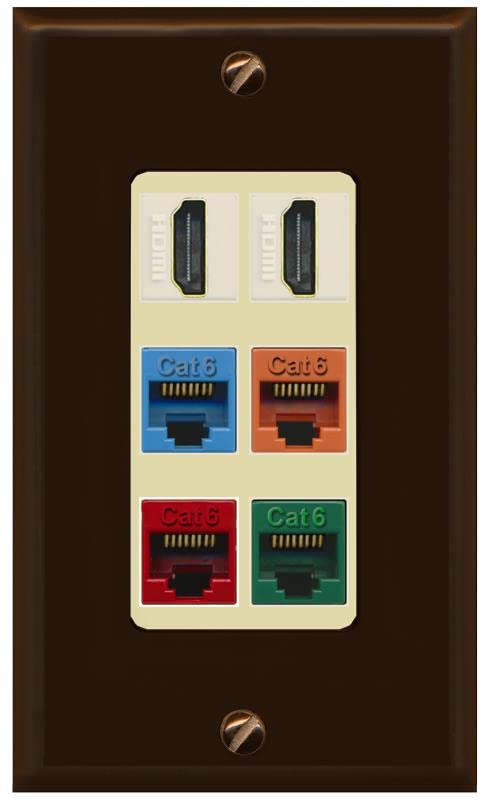 RiteAV 2 HDMI 4 Cat6 Ethernet Mixed Color Wall Plate - 1 Gang [Brown/Ivory]