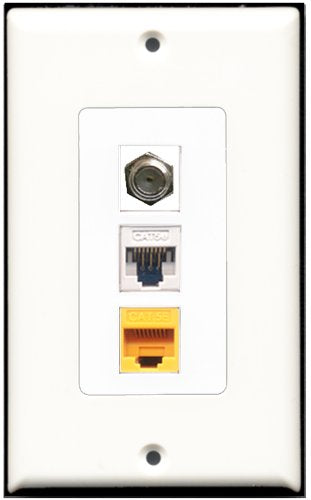 RiteAV 1 Port Coax Cable TV- F-Type 1 Cat5e Ethernet White 1 Cat5e Ethernet Yellow Wall Plate OVERSIZED
