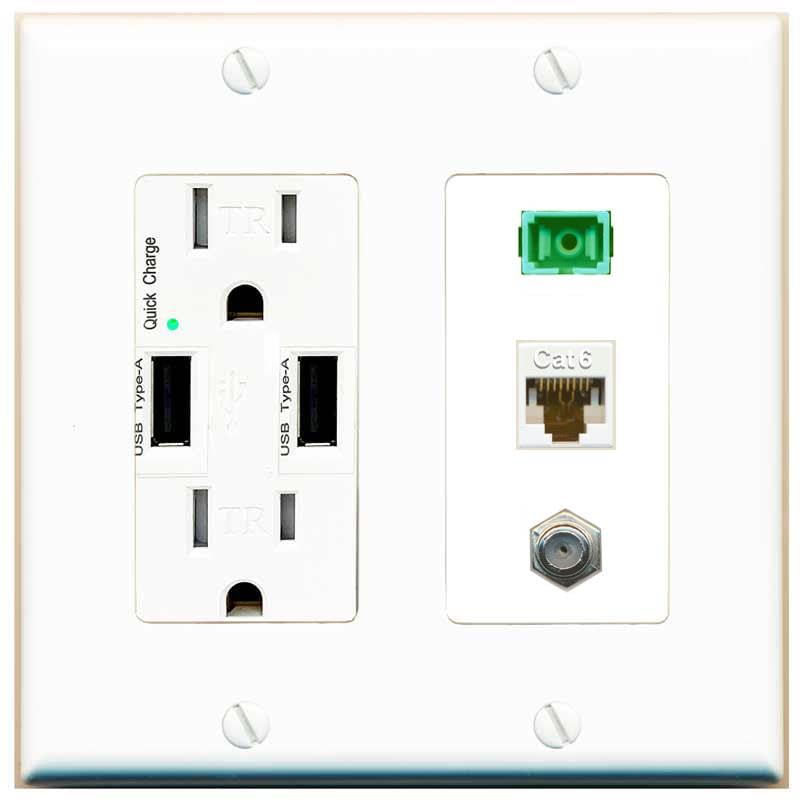 RiteAV 1 Port Fiber Optic Jack SC Simplex APC + Cat6 + Coax Wall Plate-USB Charger White