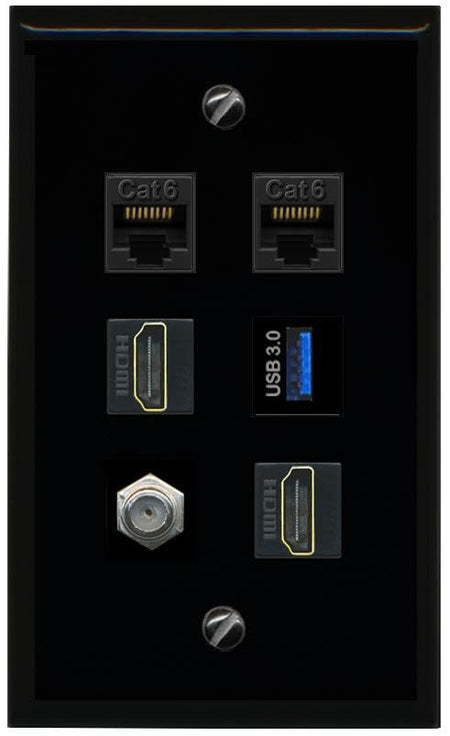 RiteAV 2 CAT6 Coax 2 HDMI USB 3 Flat/Solid Wall Plate [Black]