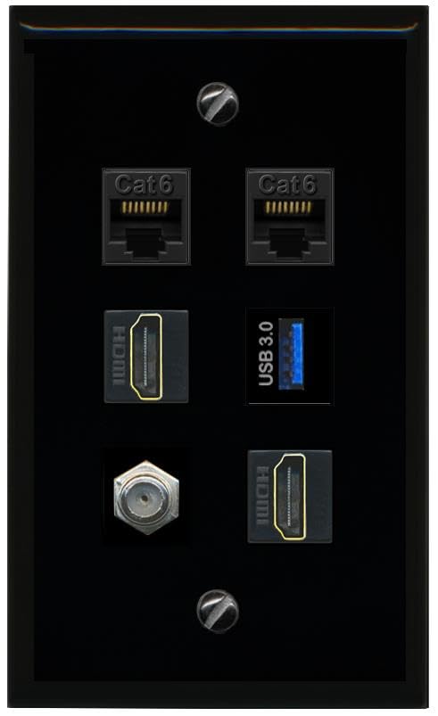 RiteAV 2 CAT6 Coax 2 HDMI USB 3 Flat/Solid Wall Plate [Black]
