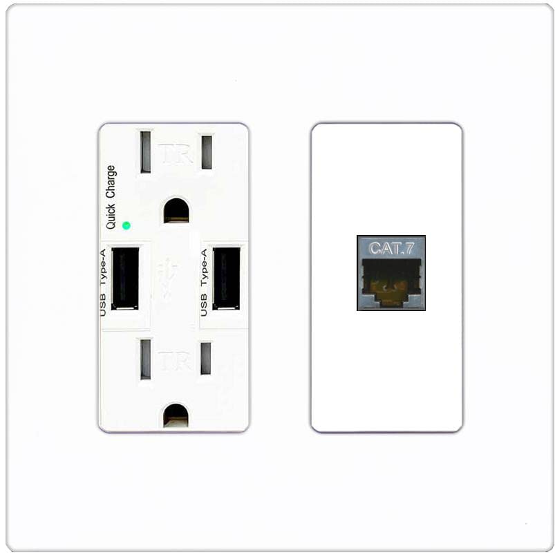 RiteAV 1 Port Cat7 Shielded Ethernet Wall Plate - USB Charger [Screwless White]