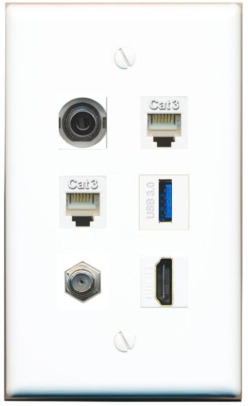 RiteAV 3.5mm Coax HDMI 2 Phone USB-3 Flat/Solid Wall Plate [White]