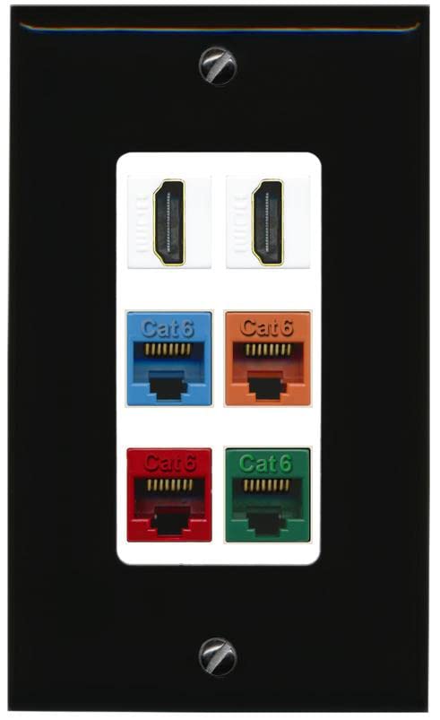 RiteAV 2 HDMI 4 Cat6 Ethernet Mixed Color Wall Plate - 1 Gang [Black/White]