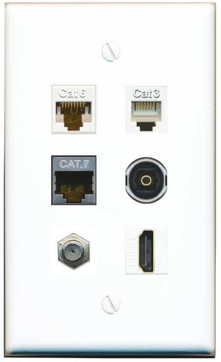 RiteAV CAT6 CAT7 Coax HDMI Phone TOSLINK Flat/Solid Wall Plate [White]