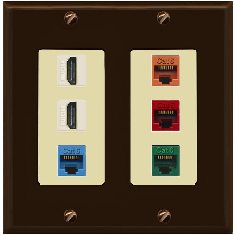 RiteAV 2 HDMI 4 Cat6 Ethernet Mixed Color Wall Plate - 2 Gang [Brown/Ivory]