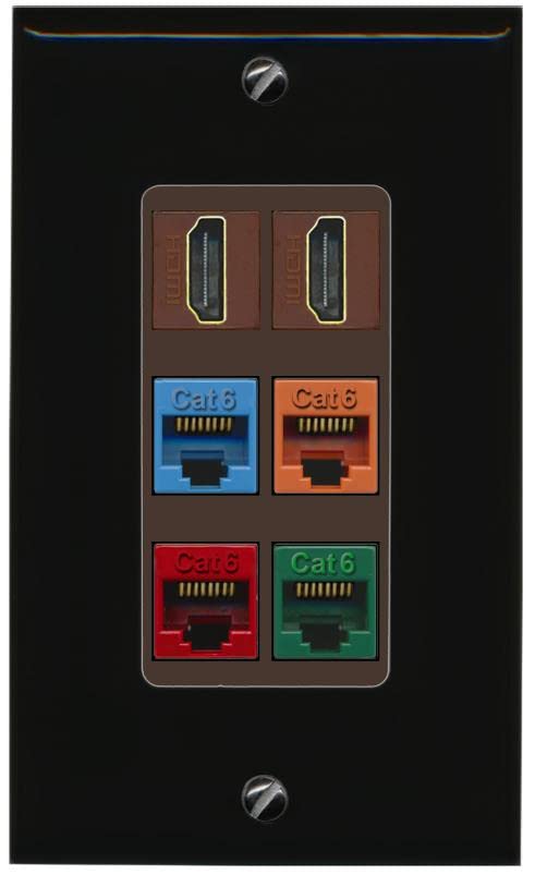 RiteAV 2 HDMI 4 Cat6 Ethernet Mixed Color Wall Plate - 1 Gang [Black/Brown]