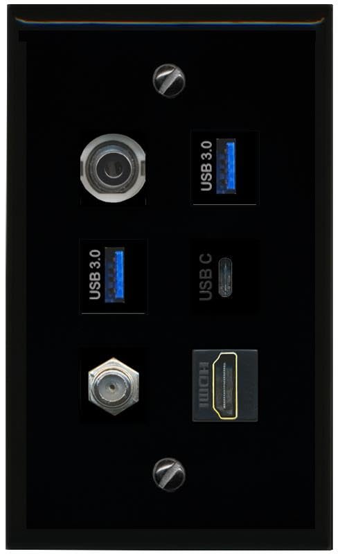 RiteAV 3.5mm Coax HDMI 2 USB 3 USBC Flat/Solid Wall Plate [Black]