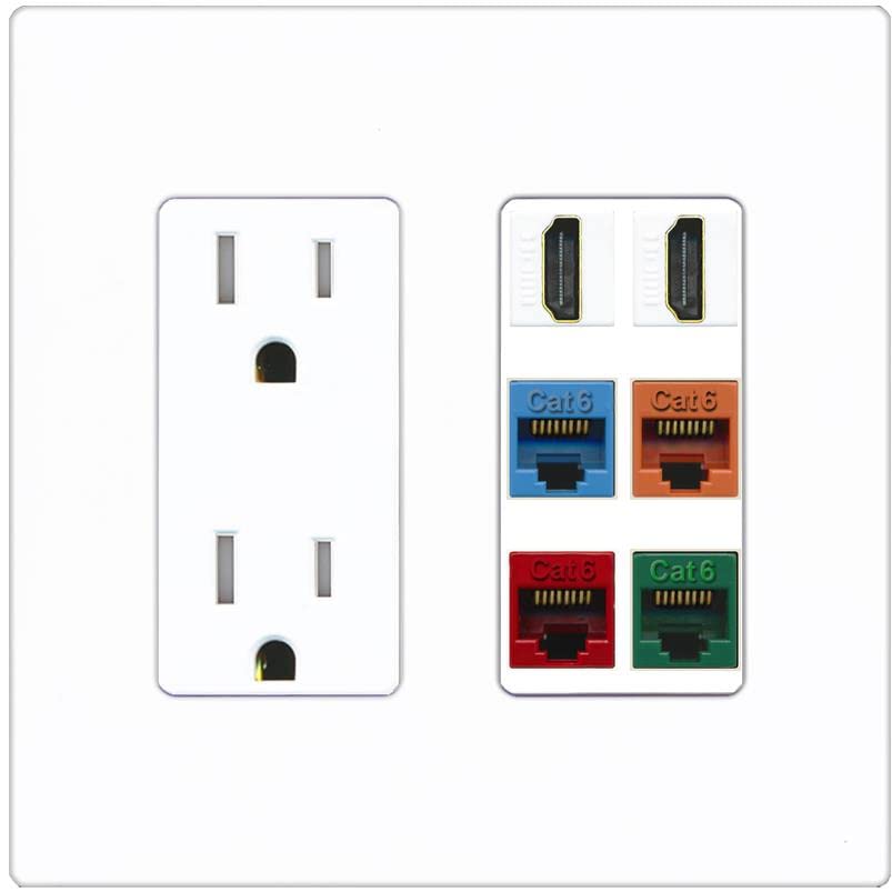 RiteAV 2 HDMI 4 Cat6 Ethernet Mixed Color Wall Plate - Tamper-Resistant [Screwless White]