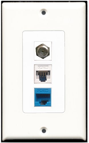 RiteAV 1 Port Coax Cable TV- F-Type 1 Cat5e Ethernet White 1 Cat5e Ethernet Blue Wall Plate OVERSIZED