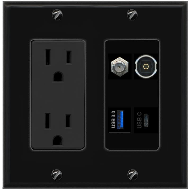 RiteAV COAX TOSLINK USB-3 USBC Wall Plate with 15A Power Outlet [Black]