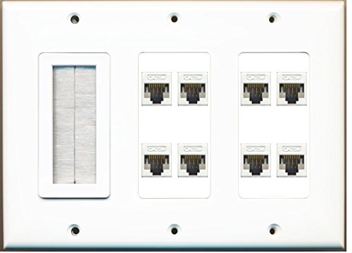 RiteAV - (3 Gang Mesh-Brush 8 Cat5e White Wall Plate White